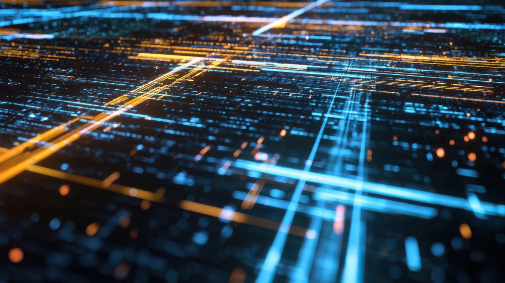 Digital Matrix Grid with Flowing Data Streams and Vibrant Neon Circuits Transparent Background